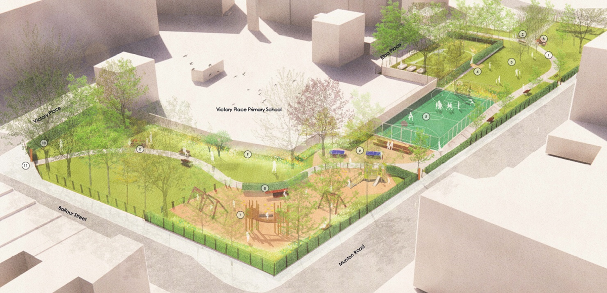 Drawing of green spaces and roads showing proposed design of Victory community park